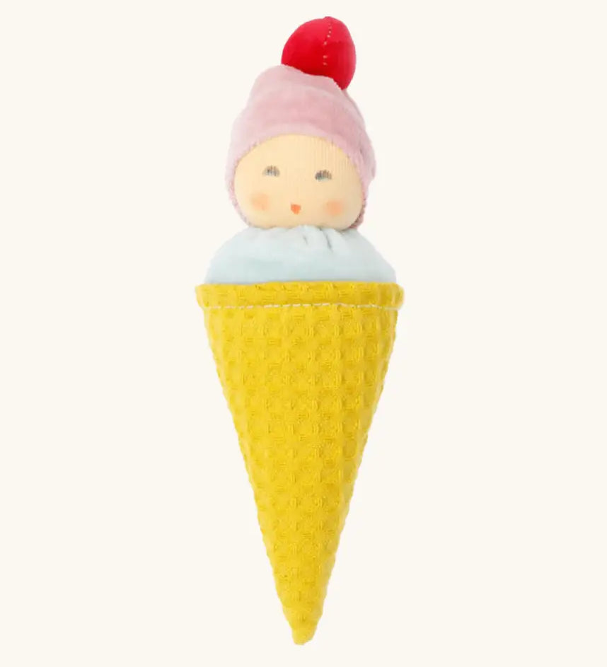 Nanchen ice cream rattle doll soft toy. Showing cone with 2 scoops of ice cream with a cute face and a cherry on top
