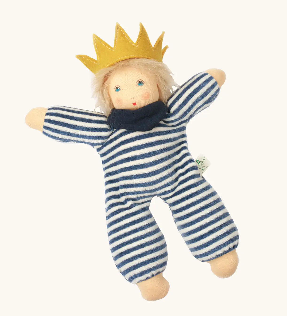 Nanchen King Charles waldorf cuddle doll with cute facial feature. Showing a  blue and white outfit, yellow crown and blue scarf