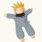 Nanchen King Charles waldorf cuddle doll with cute facial feature. Showing a  blue and white outfit, yellow crown and blue scarf