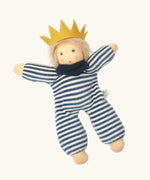 Nanchen King Charles waldorf cuddle doll with cute facial feature. Showing a  blue and white outfit, yellow crown and blue scarf
