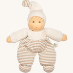 Nanchen Möpschen Waldorf Doll - Nature Stripes. A beautiful hand crafted doll with a white top and hat, a striped pair of trousers and a striped bobble on top of the hat