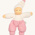 Nanchen Möpschen Doll - Pink Stripes. A soft, cuddly doll with pink stripe pants, a white top and a white hat with a pink stripe bobble on top