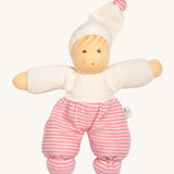 Nanchen Möpschen Doll - Pink Stripes. A soft, cuddly doll with pink stripe pants, a white top and a white hat with a pink stripe bobble on top