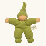 Nanchel pimpel waldorf doll in green. Showing cute facial features and a tie on the hat. Doll has a terry cloth body 