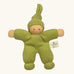Nanchel pimpel waldorf doll in green. Showing cute facial features and a tie on the hat. Doll has a terry cloth body 