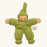 Nanchel pimpel waldorf doll in green. Showing cute facial features and a tie on the hat. Doll has a terry cloth body 
