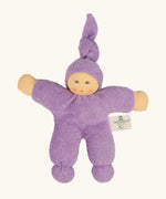 Nanchel pimpel waldorf doll in lilac. Showing cute facial features and a tie on the hat. Doll has a terry cloth body 