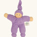Nanchel pimpel waldorf doll in lilac. Showing cute facial features and a tie on the hat. Doll has a terry cloth body 