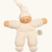Nanchel pimpel waldorf doll in cream white. Showing cute facial features and a tie on the hat. Doll has a terry cloth body 