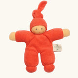 Nanchel pimpel waldorf doll in orange red. Showing cute facial features and a tie on the hat. Doll has a terry cloth body 