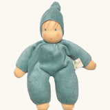 Nanchen soft cuddle doll in mint green with a waldorf style face. Doll has a matching hat a finished in terry cloth.