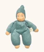Nanchen soft cuddle doll in mint green with a waldorf style face. Doll has a matching hat a finished in terry cloth.