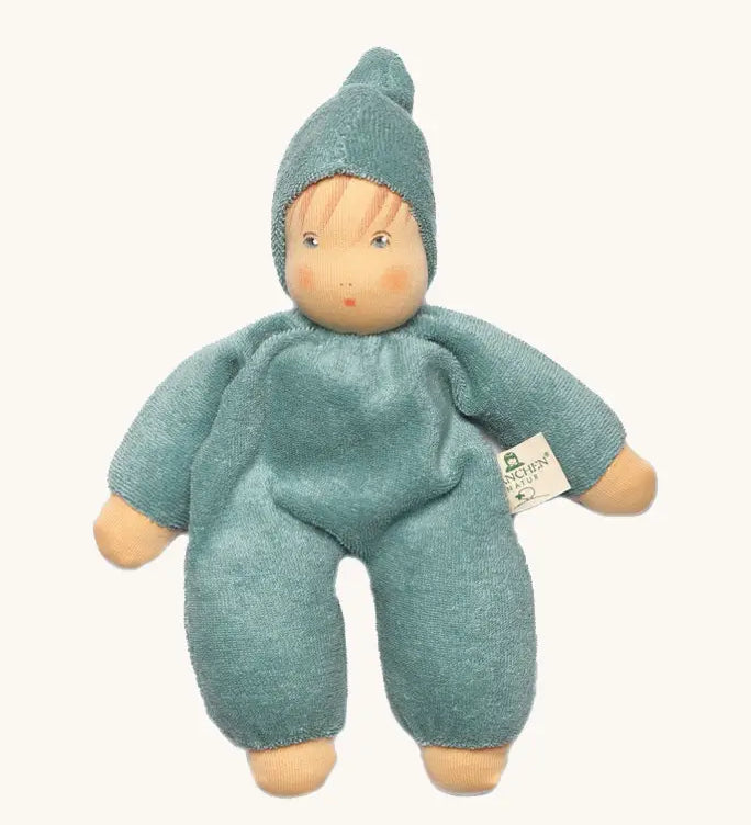 Nanchen soft cuddle doll in mint green with a waldorf style face. Doll has a matching hat a finished in terry cloth.