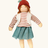 Nanchen chestnut child Karlotta doll with a waldorf style face. Showing removable white waistcoat, stripy top, blue skirt and chestnut hat