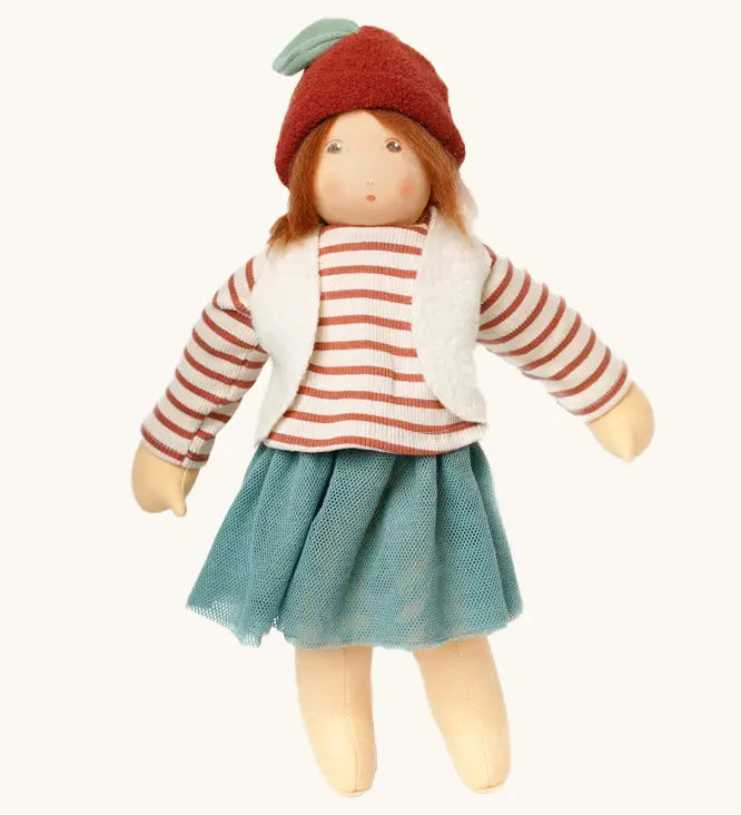 Nanchen chestnut child Karlotta doll with a waldorf style face. Showing removable white waistcoat, stripy top, blue skirt and chestnut hat