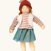 Nanchen chestnut child Karlotta doll with a waldorf style face. Showing removable white waistcoat, stripy top, blue skirt and chestnut hat