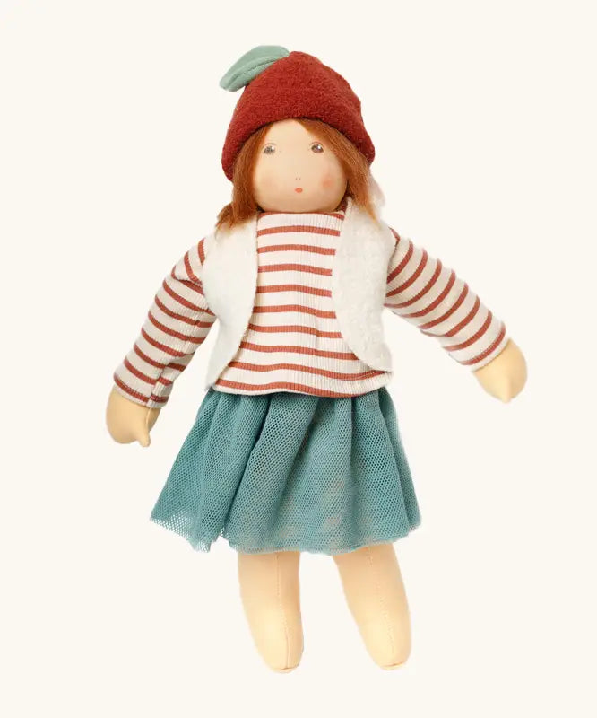 Nanchen chestnut child Karlotta doll with a waldorf style face. Showing removable white waistcoat, stripy top, blue skirt and chestnut hat