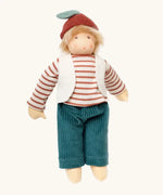 Nanchen chestnut child Paul doll with a waldorf style face. Showing removable white waistcoat, stripy top and blue trousers and chestnut hat