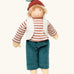Nanchen chestnut child Paul doll with a waldorf style face. Showing removable white waistcoat, stripy top and blue trousers and chestnut hat