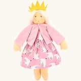Nanchen soft rosi doll with a  waldorf style face. Showing a removable pink cardigan, dress and yellow crown.