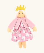 Nanchen soft rosi doll with a  waldorf style face. Showing a removable pink cardigan, dress and yellow crown.