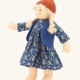 Nanchen Lotta winterchild doll with a Waldorf style face, blonde hair. Showing removable blue waistcoat, navy floral dress and orange hat