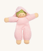 The Nanchen Flower Fairy Rattle Doll as a soft Pink terry material body, with a pretty pink terry material hat in the shape of a flower, and a green terry strip of fabric just under the hat