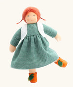 Nanchen Charlotte orange friends doll with a Waldorf style face, red hair. Showing removable white waistcoat, green dress and orange shoes