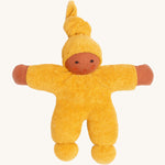 Nanchen Waldorf Pimpel Doll - Gold. A soft and cuddly doll in gold, made from terry fabric and with a little knot in the top of its hat