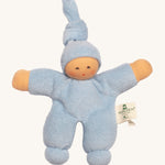 Nanchen Pimpel Doll - Light Blue. A soft and cuddly doll in light blue, made from terry fabric and with a little knot in the top of its hat