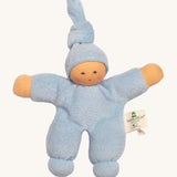 Nanchen Pimpel Doll - Light Blue. A soft and cuddly doll in light blue, made from terry fabric and with a little knot in the top of its hat