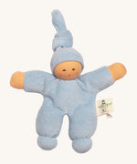 Nanchen Pimpel Doll - Light Blue. A soft and cuddly doll in light blue, made from terry fabric and with a little knot in the top of its hat