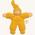 Nanchen Pimpel Doll - Yellow. A soft cuddly doll in yellow terry fabric, and a knot in the top of its hat