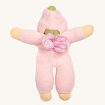 The back of the Nanchen Flower Fairy Rattle Doll with soft Pink terry material body, a pretty pink terry material hat in the shape of a flower, a green terry strip of fabric just under the hat, a silky pink wings on its back