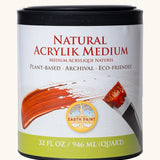 Natural Earth Paint Natural Acrylic Medium Clear, size large 32oz. A plant-based acrylic in a black tub to be mixed with natural pigments to make acrylic paint.