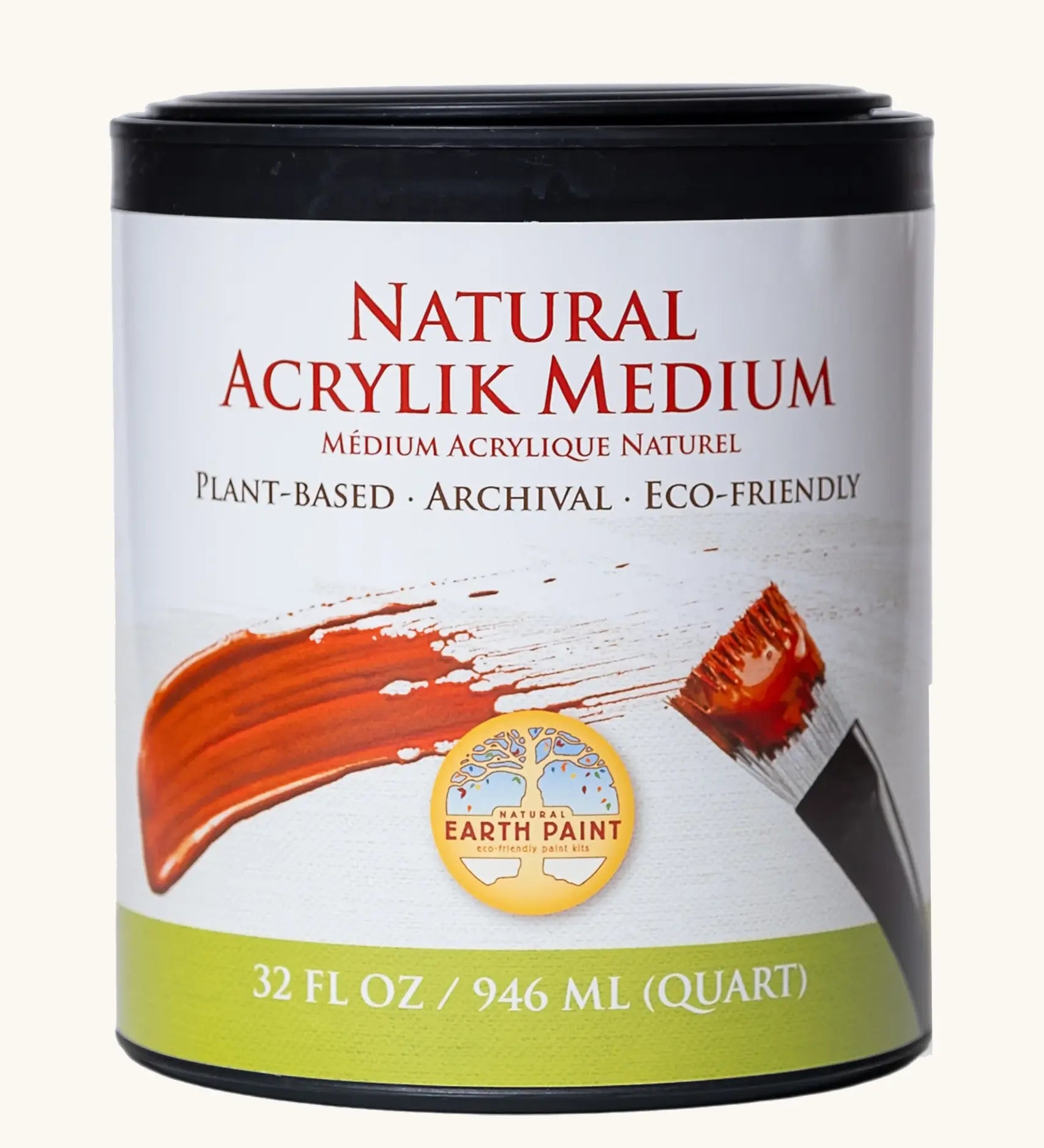 Natural Earth Paint Natural Acrylic Medium Clear, size large 32oz. A plant-based acrylic in a black tub to be mixed with natural pigments to make acrylic paint.