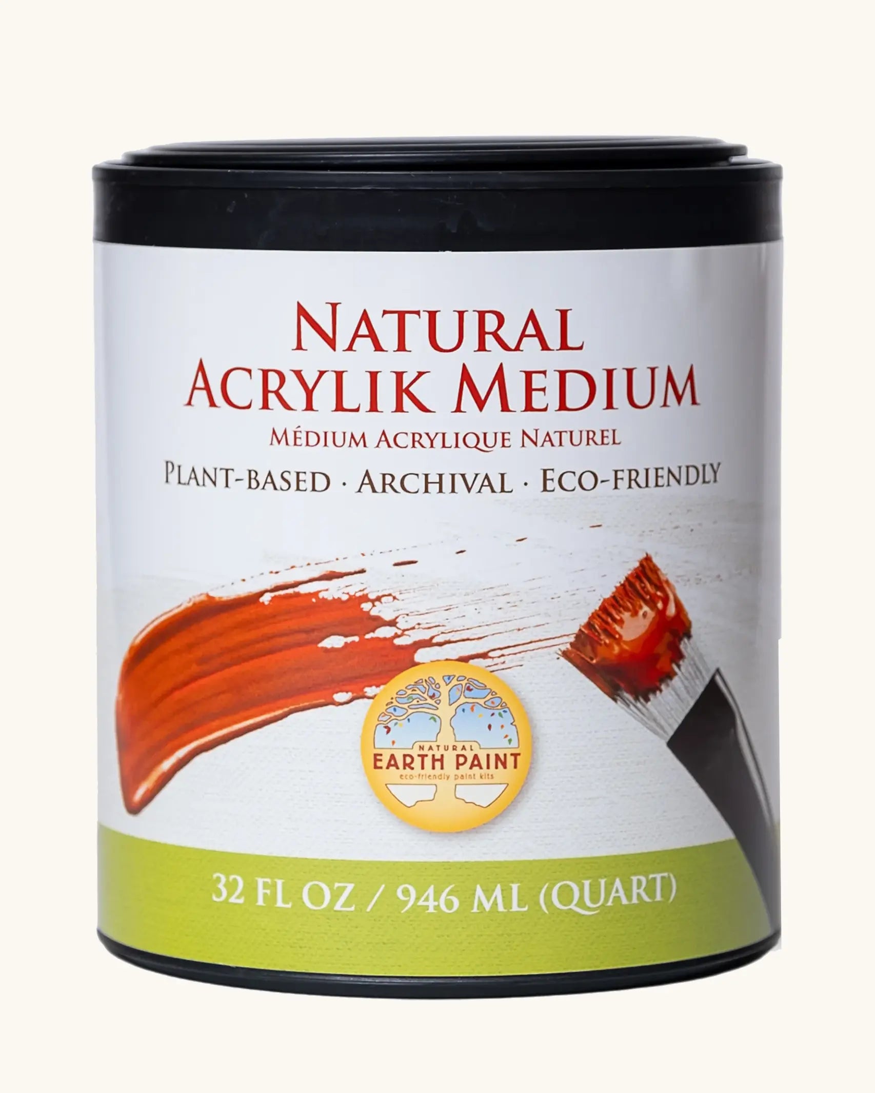 Natural Earth Paint Natural Acrylic Medium Clear, size large 32oz. A plant-based acrylic in a black tub to be mixed with natural pigments to make acrylic paint.