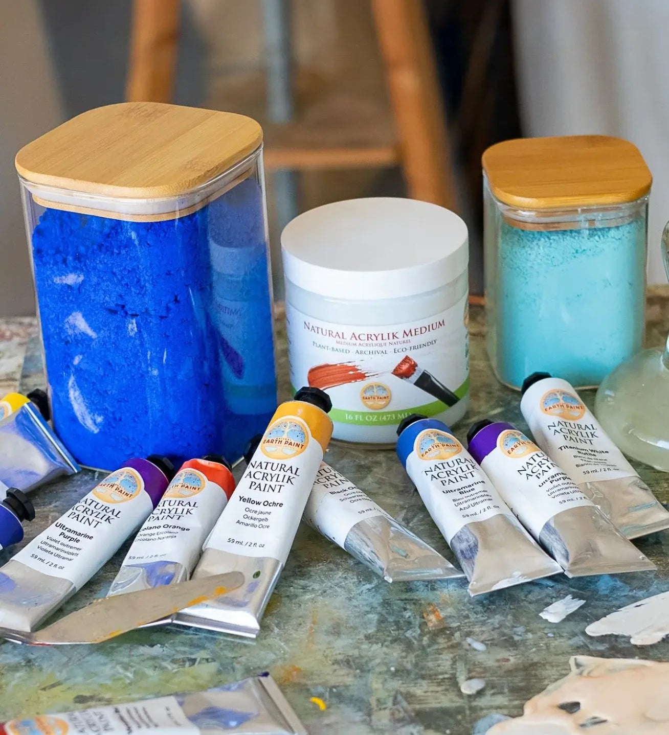 Natural Earth Paint Natural Acrylic Medium Clear, a plant-based acrylic to be mixed with natural pigments to make acrylic paint.