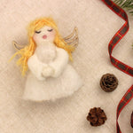 The Makerss - Angel Needle Felt Kit, complete angel on cream linen with a red tartan ribbon and pine cones. 