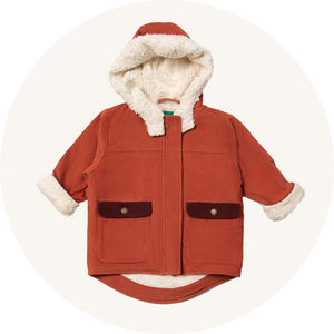 Little Green Radicals organic cotton Sherpa Toasty Coat in red Ginger with fluffy cuffs and good and contrasting deep red front pockets - to represent new Little Green Radicals at Babipur.