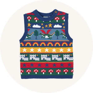 Frugi Tavi Organic Cotton Knitted Vest in Dragon Fair to represent new Frugi Kids and Baby Clothing AW25 at Babipur.