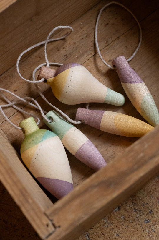 Grapat Christmas Ornaments, Twinkle Mist, a set of 5 wooden hanging tree decorations, to represent new Grapat at Babipur.