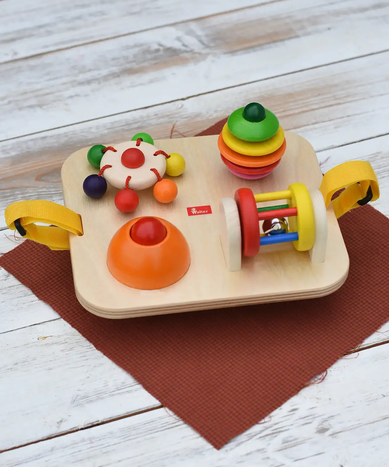 Nic Wooden Baby Game busy Board with 4 four activities. Spin the carousel, squeaky button, rattling tree top and roller.