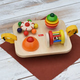 Nic Wooden Baby Game busy Board with 4 four activities. Spin the carousel, squeaky button, rattling tree top and roller.