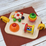 Nic Wooden Baby Game busy Board with 4 four activities. Spin the carousel, squeaky button, rattling tree top and roller.