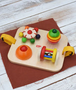 Nic Wooden Baby Game busy Board with 4 four activities. Spin the carousel, squeaky button, rattling tree top and roller.