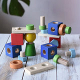 Nic set of colorful wooden screws and blocks arranged wooden tabletop, with a blurred green plant leaf in the background.