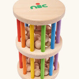 Nic Toys Rattle n Roll - a natural wooden baby toy with rainbow stained rungs and wooden marbles that rattle as the wheel rolls.