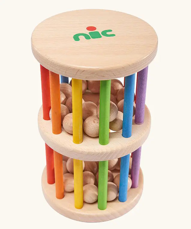 Nic Toys Rattle n Roll - a natural wooden baby toy with rainbow stained rungs and wooden marbles that rattle as the wheel rolls.