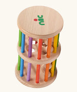 Nic Toys Rattle n Roll, a wooden rolling wheel musical toy for babies with rainbow stained rungs and natural wooden marbles.
